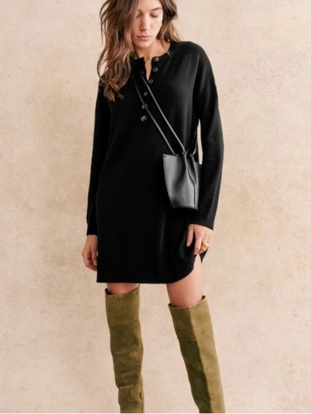 Sezane sweater Dress Black 100% Merino Wool Henley XXL (US14)